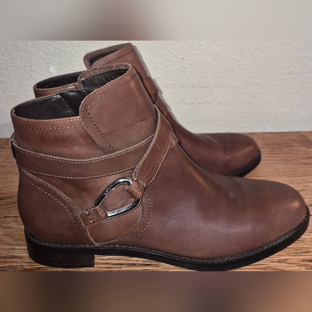 Ralph Lauren Brown Leather Hermione Ankle Boot, W/ Inside Zip Up
